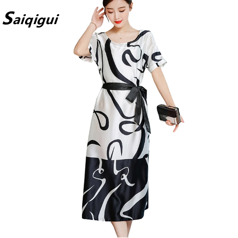 

Saiqigui fashion summer dress female casual loose O-Neck temperament print elegant Waist Tie silk mid dress vestidos robe femme