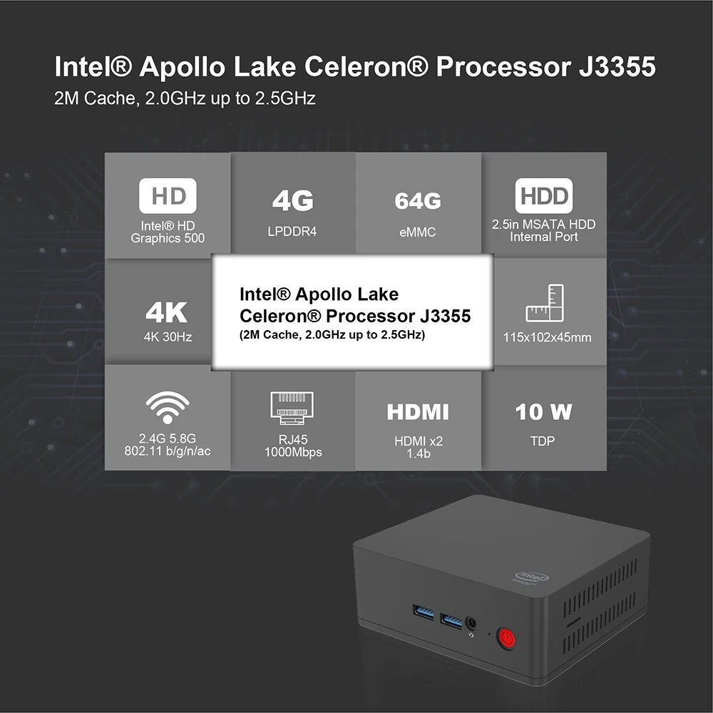 AP35 мини-компьютер Intel Apollo Lake J3355 Intel HD Graphics 500 4 Гб+ 64 Гб 2,4 г/5,8 г WiFi 1000 Мбит/с 15,6 дюймовым ips-дисплеем