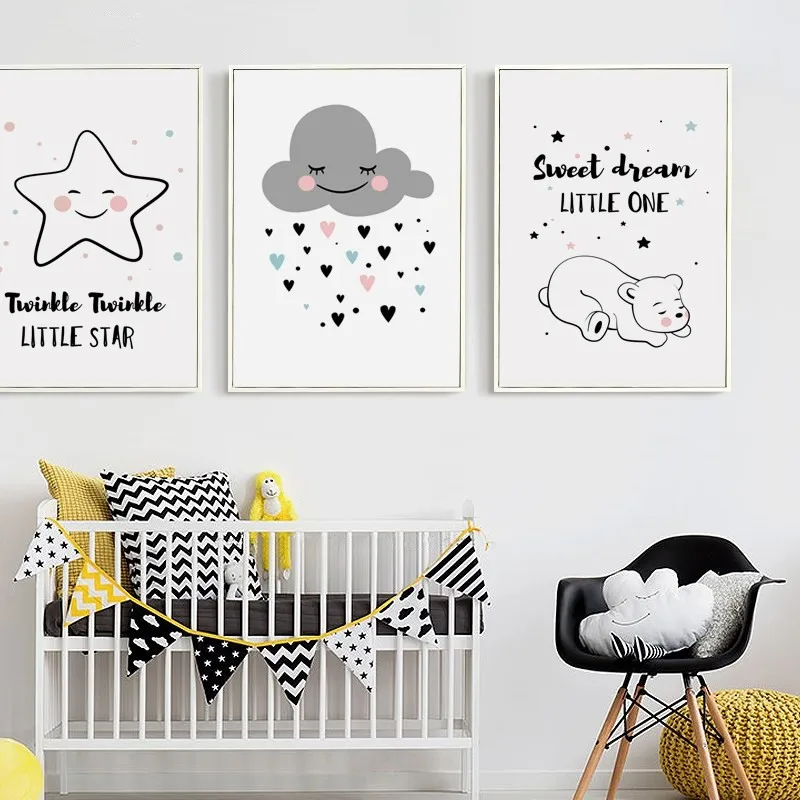 Simple-And-Cute-Cartoon-Star-Rain-Cloud-Bear-Canvas-Art-Painting-Prints-Poster-Picture-Wall-Baby (2)
