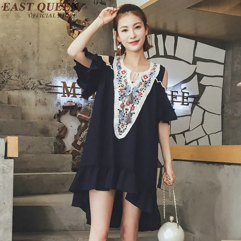 

Summer new bare shoulder dress with flounces flower embroidery round neck long tank top dress mini vestidos NN0775 HQ