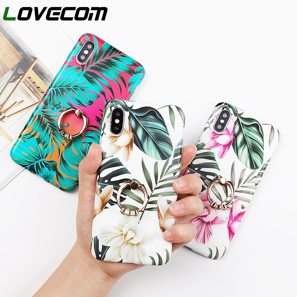 

LOVECOM Vintage Flower Leaf Cases For iPhone XS Max XR 6 6S 7 8 Plus Finger Ring Shockproof Matte Soft IMD Phone Back Cover Gift