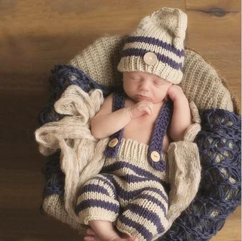 

Newborn baby photography props infant knit crochet costume blue striped soft outfits elf button beanie+pants baby shower gift