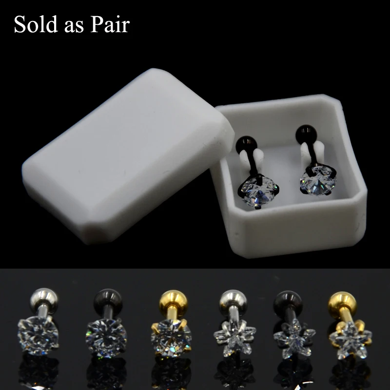 

PAIR Surgical Steel Anodized Prong Set Round Star Zircon Ear Tragus Cartilage Helix Earring Stud Piercing Body Jewelry 16g