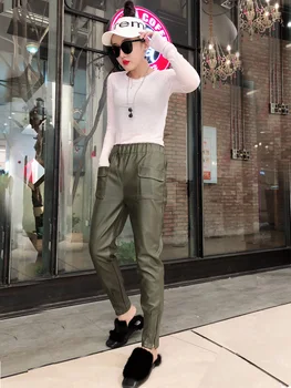 

plus size Women Elastic Waist Skinny Length Harem Pants Women PU pocket Leather Pants Slim Faux Harlan Leather Trousers Female