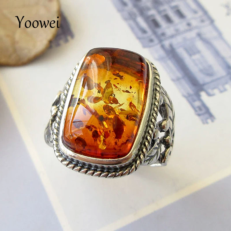 

Yoowei Baltic Amber Rings for Unisex Cool Stunning Genuine Natural Amber Stone Trendy Antique Silver Jewelry Punk Wedding Rings