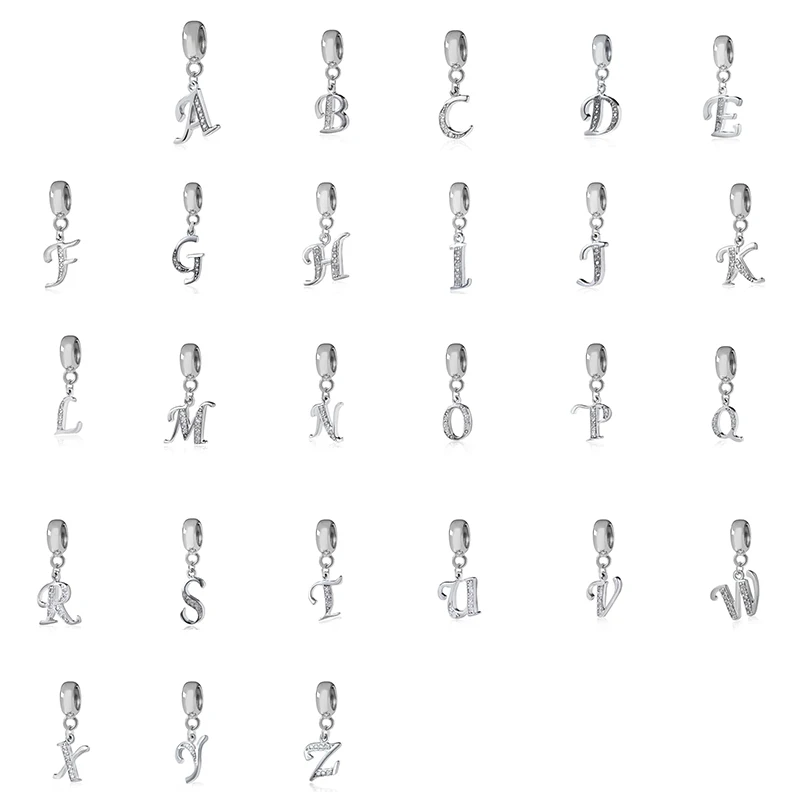 

925 Sterling Silver Charm A-Z Letter Of The Alphabet With Crystal Pendant Beads Fit Pandora Original Bracelet DIY Jewelry Making