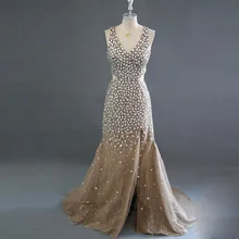 Echt Fotos Luxus Prom Kleid mit Glänzenden Perlen Strass Mermaid Backless Tiefer V-ausschnitt Bodenlangen Lange Kristall Abendkleid