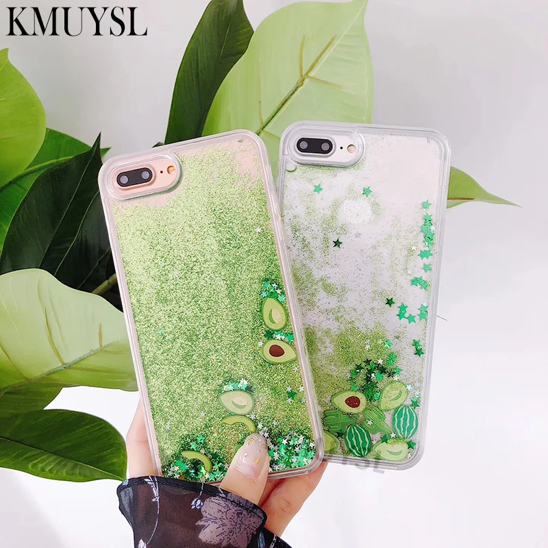 

Bling Glitter watermelon Avocado Phone Case For iPhone X XR XS Max Flowing Liquid fruit Back Cover For iPhone 6 7 8 6S plus Case