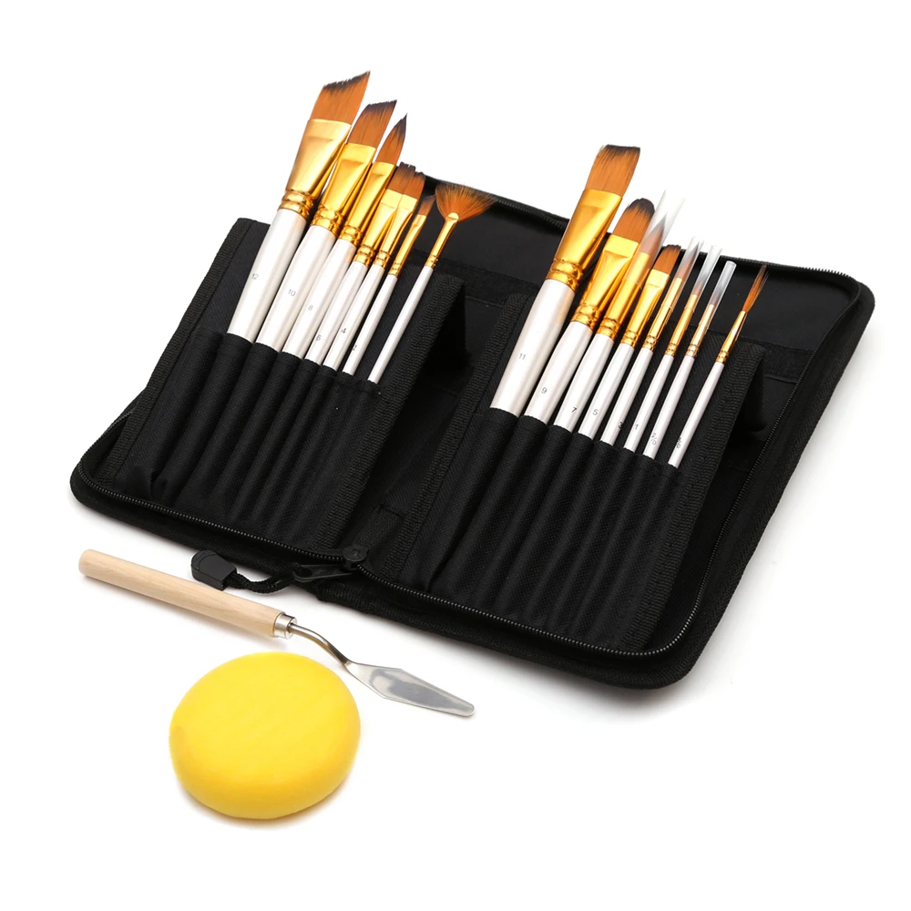 

Dainayw 15Pcs Nylon Hair Paint Brush With Black Case Palette Knife and Sponge For Painting Oil Acrylic Watercolors Art Supplies