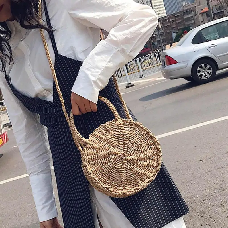 Из плетеной соломки круглая сумочка ретро ротанга Для женщин сумка Boho летние пляжные Курьерские сумки модные дизайнерские женские сумки