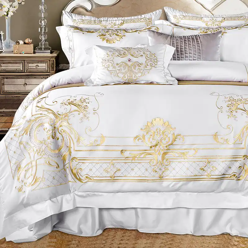 Queen Super King Size Bedding Set White Egyptian Cotton Gold