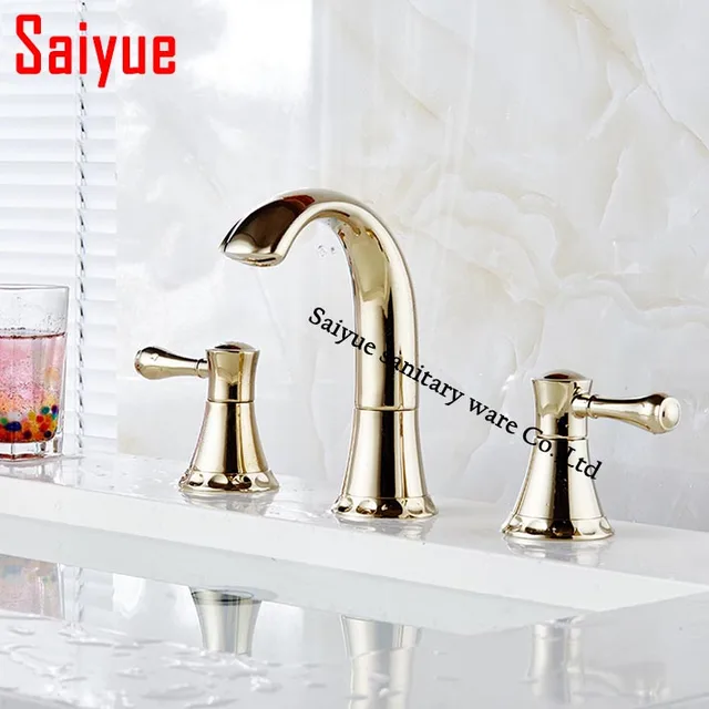 Contemporary Widespread 3 Holes Waterfall Bathroom Sink Faucet Gold Contemporary Widespread 3 Holes Waterfall Bathroom Sink Faucet Gold Finish Dual Handles Basin Mixer Tap