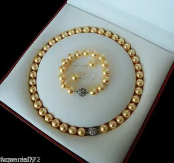 

Beautiful Pretty 10mm Yellow Shell Pearl Necklace Bracelet Earrings Bead women Jewelry set 925 clasp