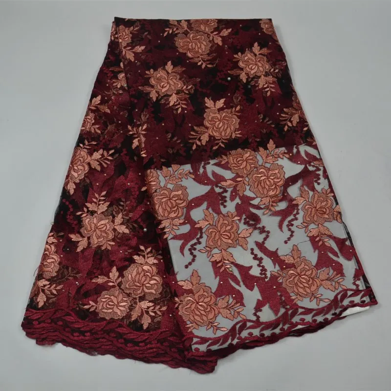 

wine red french lace fabric with beads and stones mesh tulle high quality nigerian lace fabrics for wedding 2018 5 yard/lot -30