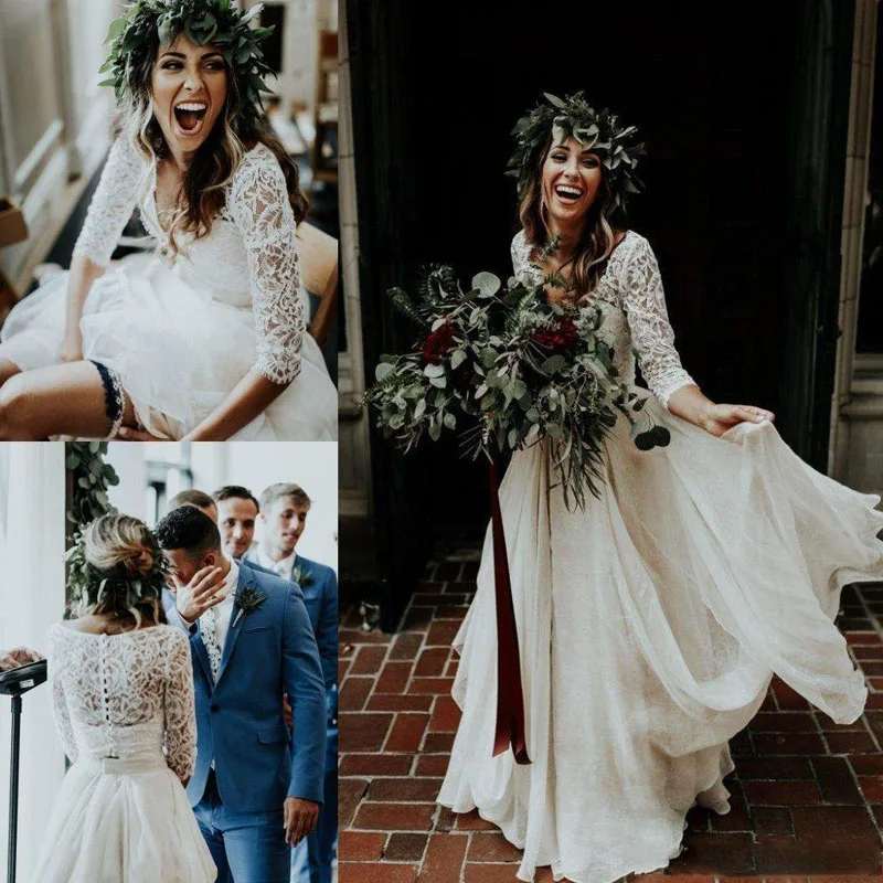 Plus Size Long Sleeves A-Line Two Pieces Beach Country Wedding Dresses 2018 Chiffon Ruffles Lace Top Boho Custom Made Bohemian Bridal Gown139