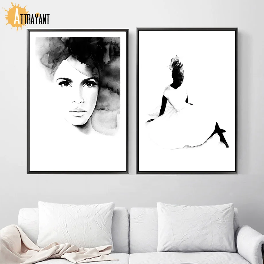 

Black White Watercolor Vogue Woman Girl Wall Art Canvas Painting Nordic Posters And Prints Wall Pictures For Living Room Decor