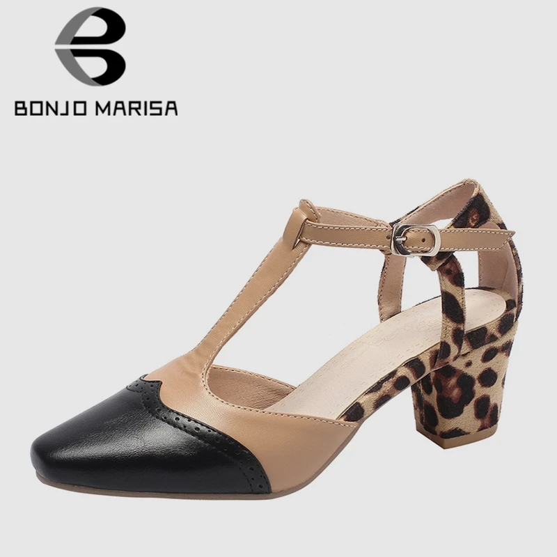 

BONJOMARISA 2020 New Arrival Hot Sale Office Lady Mature T-strap Sandals Summer Plus Size 33-46 Chunky High Heels Shoes Woman