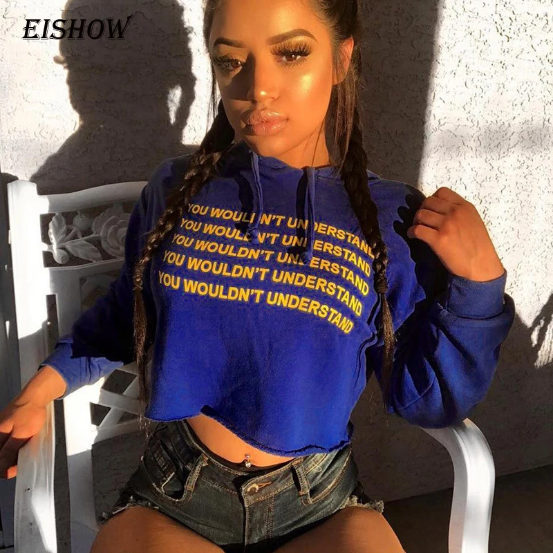 

EISHOW Women Hoodies Letter Printing Sweatshirts Spring Autumn Hooded Long Sleeve Loose Crop Top 2019 Casual Cropped Top Blue