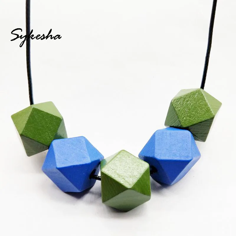 

2019 Adjustable Black Wax String Colorful Chunky Collar Octagonal Beads Wood Sweater Necklace Handmade Christmas Necklace