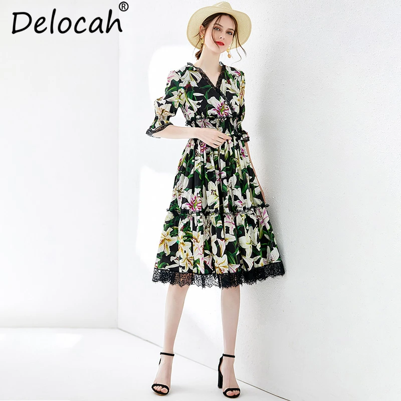 

Delocah Women Summer Cotton Dresses Runway Fashion V Neck Lily Floral Printed Lace Splice Elastic Waist Vintage Party Midi Dress