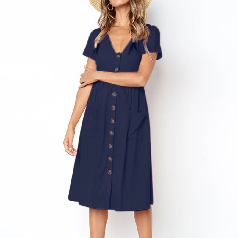 Women's Sexy Summer Dresses 2019 Boho Short Sleeve Button Solid Midi Dress Sundress With Pockets Lady Beach Party Dress Vestidos