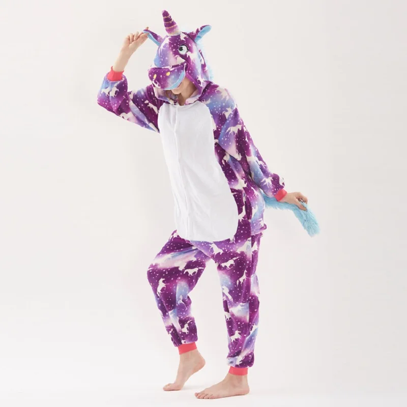 Пижамы в виде животных; Новинка; комплекты одежды с единорогом; Фланелевая пижама в стиле аниме; Пижама унисекс с героями мультфильмов; рождественские пижамы для женщин; одежда для сна - Цвет: Purple Night Unicorn