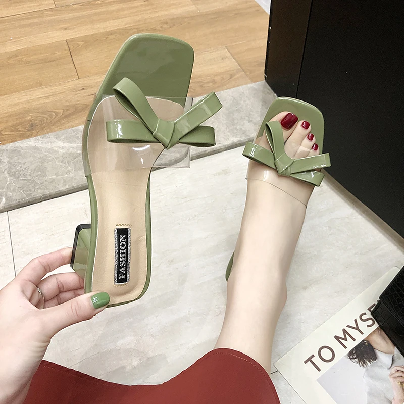 

Loafers Square heel Butterfly-knot Shoes Transparent Slippers Slides Socofy Flat Sliders 2019 Soft Luxury PU Fashion Rubber