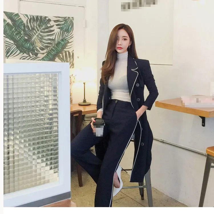 Solide Ceinture Blazer Mode Élégant Femmes Pantalon Bleu Hiver Mis Costumes Manteau 2018 Kimono Épais Automne Longue Breasted Double À OPwg7pZqx