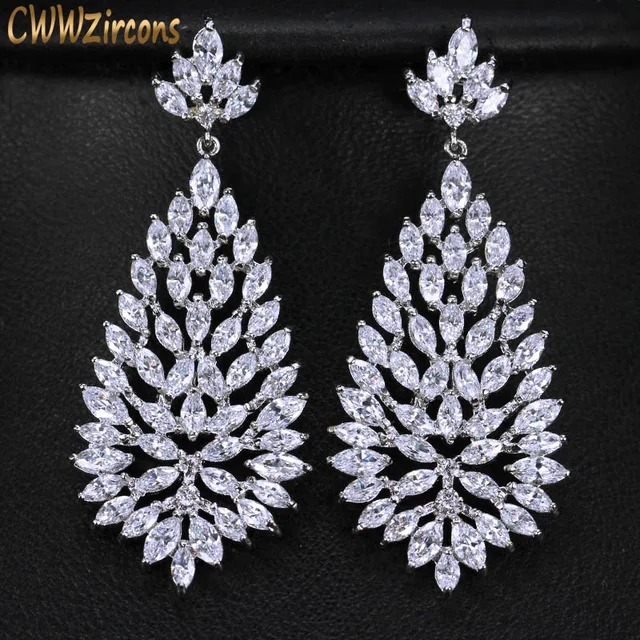 Cwwzircons High Quality Cubic Zirconia Stones Jewelry Silver Color Cwwzircons High Quality Cubic Zirconia Stones Jewelry Silver Color 5cm Long Blooming Cz Earrings For