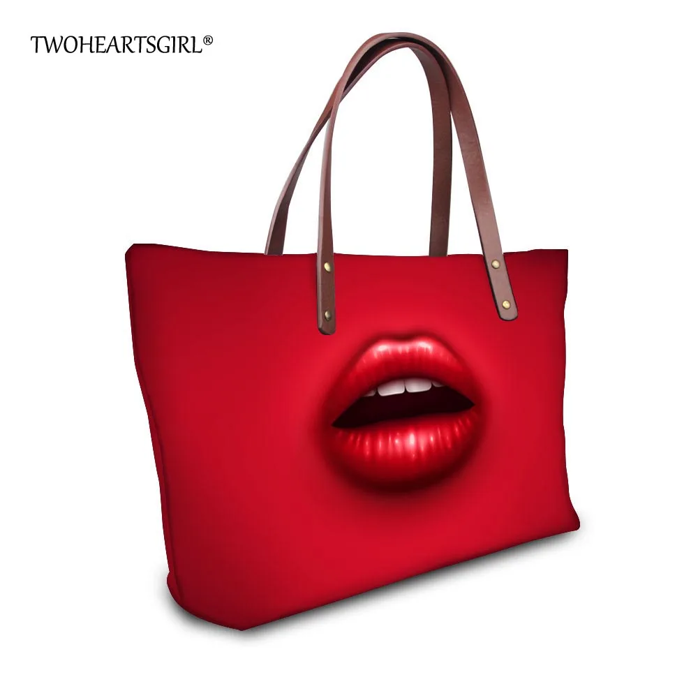 

TWOHEARTSGIRL Red Casual Women Handbags Charms Lips Shoulder Bags Neoprene Ladies Fashion Neoprene Tote Bag Bolsas Mujer