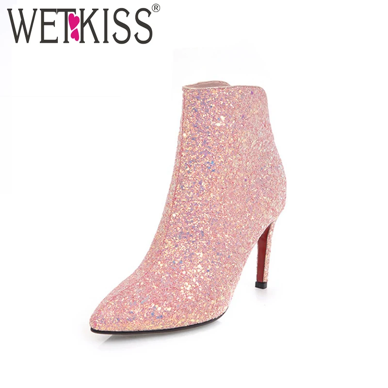 

WETKISS 2019 Woman Pointed toe Zipper Footwear Plus Size 34-43 Bling Bling Sequined Women High Heels Shoes Wedding Ankle Boots