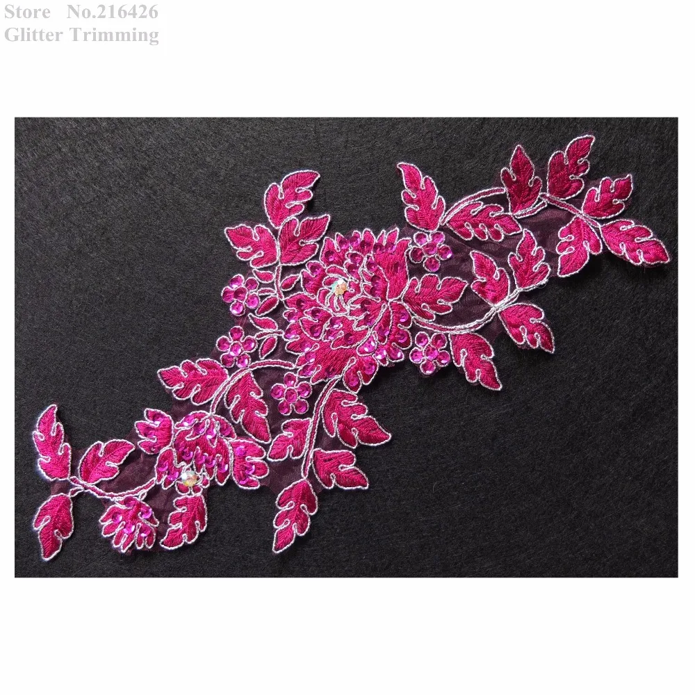 

Free Shipping 2pcs/lot x Fuchsia Pink/Silver Sequin Beaded Stoned Flower Embroidery Patch Lace Applique Trim Motif Collar BNC80B