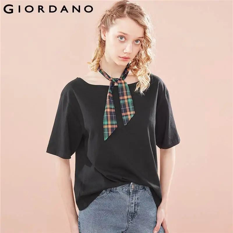 Giordano Для женщин футболка с вырезом лодочка Рубашка короткими рукавами свободный
