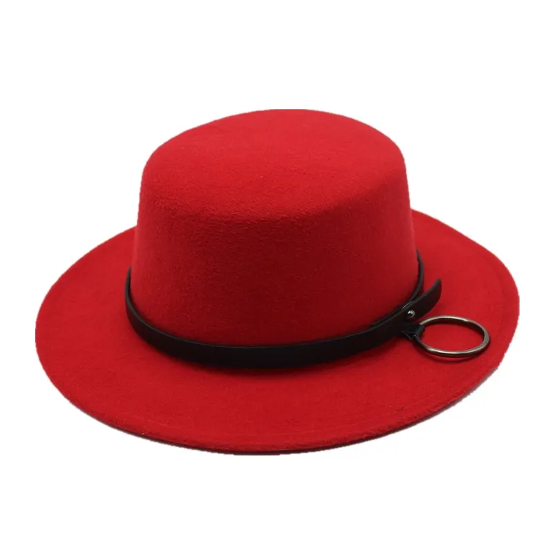 Seioum Европейский США Для женщин шерсть канотье Flat Top Шляпа С Широкими Полями Фетровая шляпа с цепью женские Feltro котелок игрок Top Hat