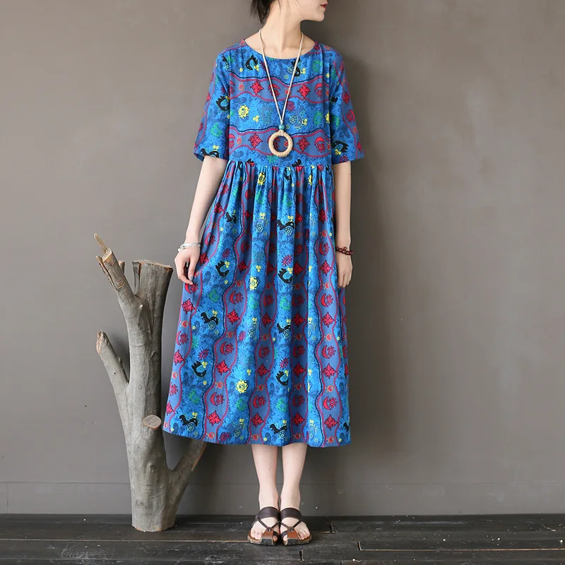 

Johnature 2019 Summer Women Print Robe Dresses Vintage Fashion New Loose O-Neck Half Sleeve Patchwork Long Dresses