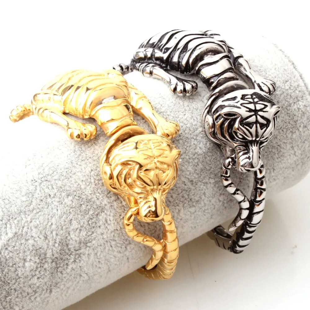 

30mm Hot Sale Cool Stainless Steel Silver/Gold/Black Tiger Skeleton Cuff Bangle Mens Boys Casting Bracelets Jewelry Punk Animal