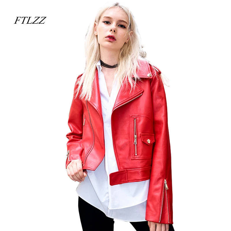 

FTLZZ Women Red Leather Jacket Spring Autumn PU Jackets Ladies Long Sleeved Turn Down Collar Slim Moto Biker Leather Coat