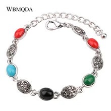 Винтаж этнические летние цветные овальный камень смолы кристалл серебряный шарм Браслеты для Для женщин Мода чешского тибетские украшения