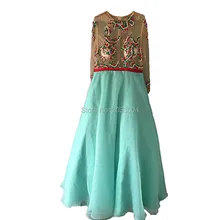 Emerald Green hijab Colorful Beading Organza Long Sleeve Evening Dress 2016 Real Photo
