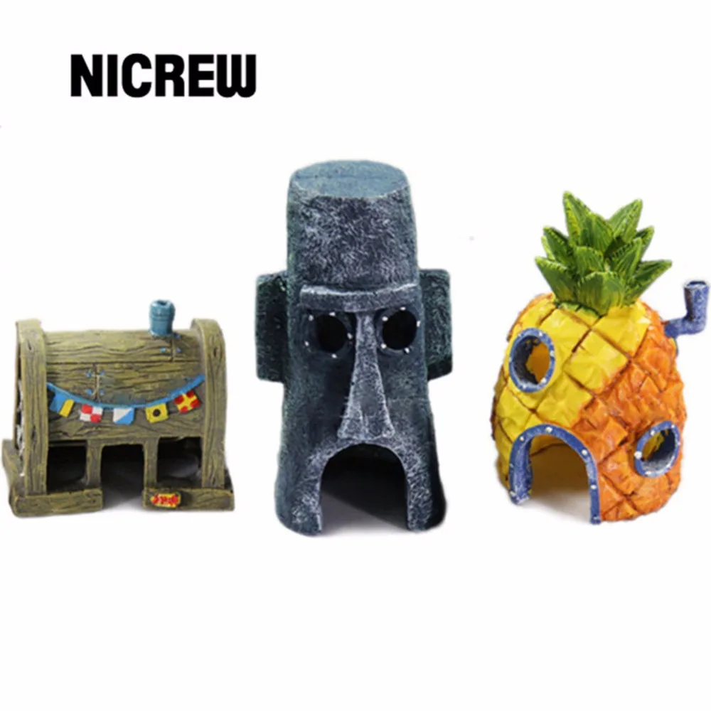 

Nicrew Resin crafts Mini For SpongeBob & Squidward House Style Pineapple Cartoon House Home Fish Tank Aquarium Ornament Decorate