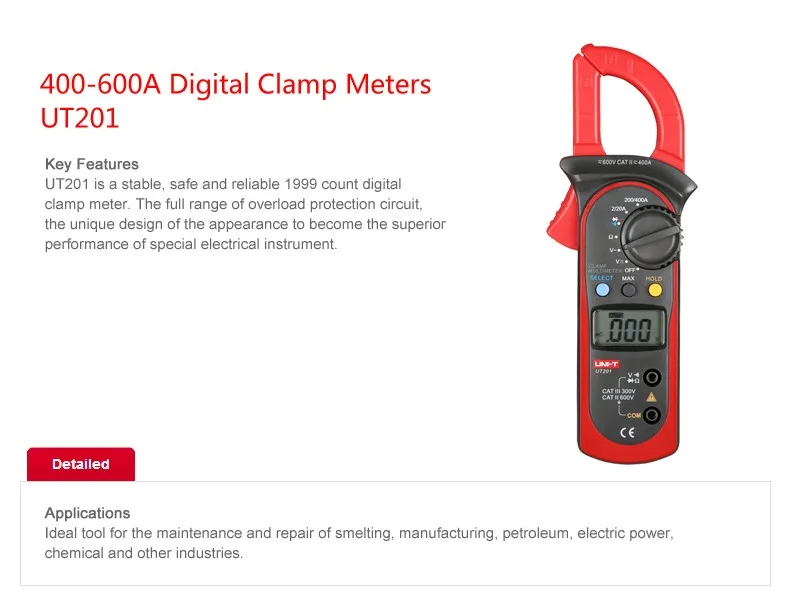 UNI-T UT201 Ditgital зажим мультиметр для авто 400-600A Kaw Ёмкость 28 мм непрерывный звуковой сигнал 2000 отсчетов
