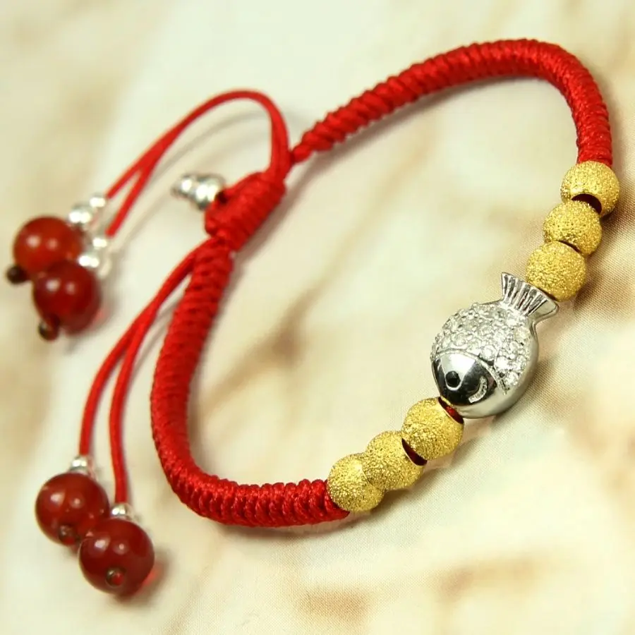 

Authentic 24K Yellow Gold 6pcs Sand-finished Bead Silver fish Braided Bracelet