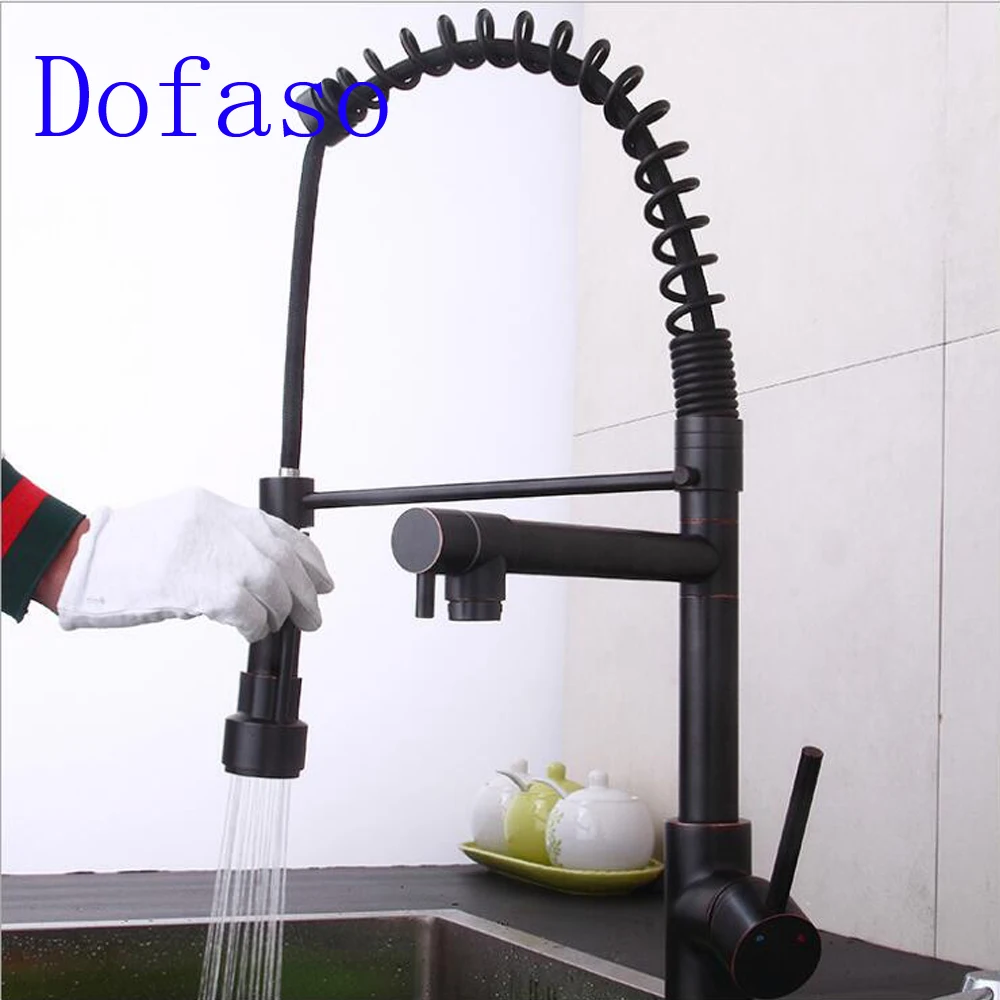 

Dofaso black spring faucet mixer tap cold and hot water deck mounted Pull Down Kitchen Faucet Dual Spouts 360 Swivel