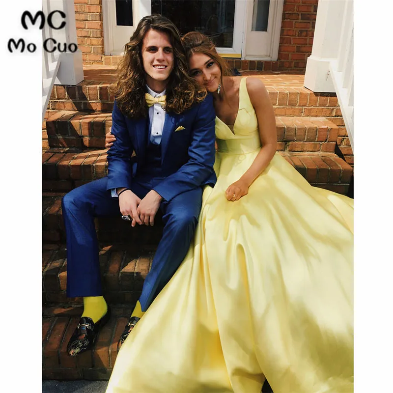 Wonderful-Yellow-Satin-Evening-Dress-V-Neck-A-Line-Sweep-Train-Long-Formal-Occasion-Dresses-2019