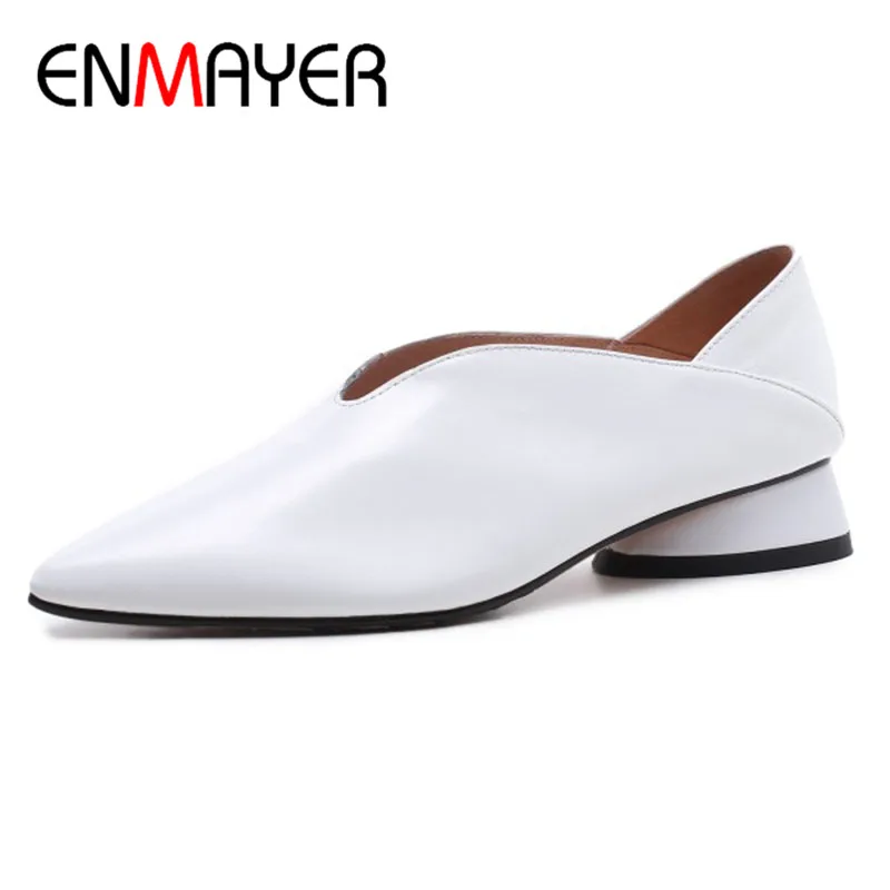 

ENMAYER Office Ladies Shoes Woman Shallow Flats Black White Shoes Large Size 34-43 Pointed Toe Genuine Leather Slip-on Shoes
