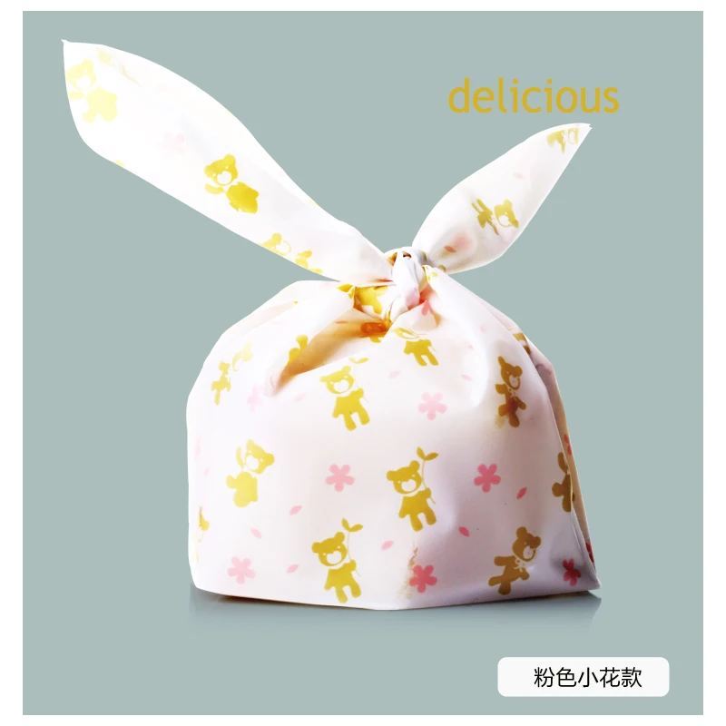 100Pcs/Lot Cute flower rabbit Ear Cookie Bags Plastic Bags For Biscuits Snack bread Baking Package Jewelry Gifts