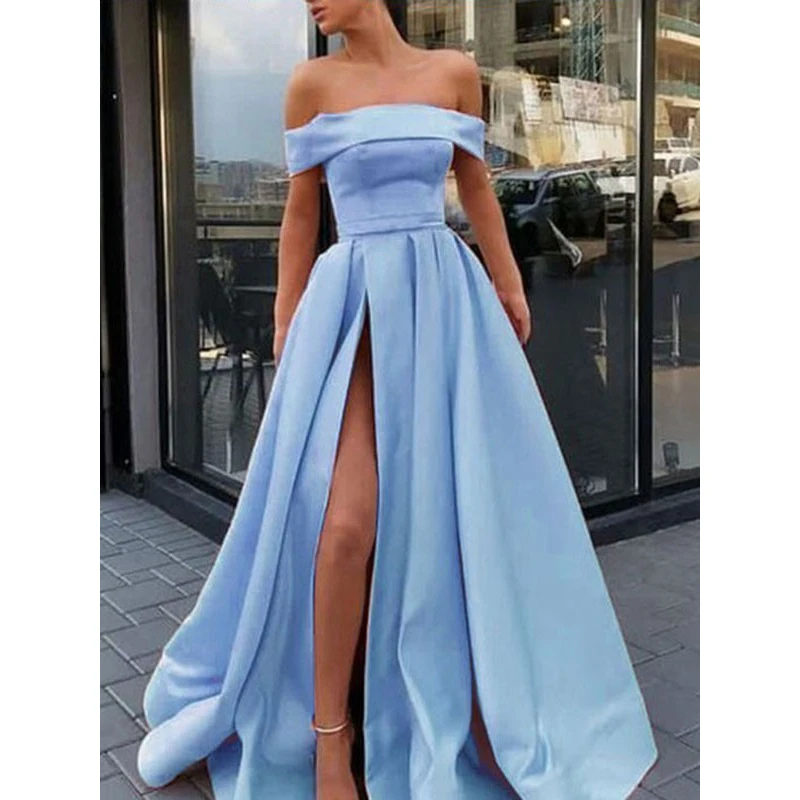 

Pink Off Shoulder Satin Long Prom Dresses With High Slit A Line Sleeveless Off the Shoulder Sweep Train Ruffles Formal Dresses