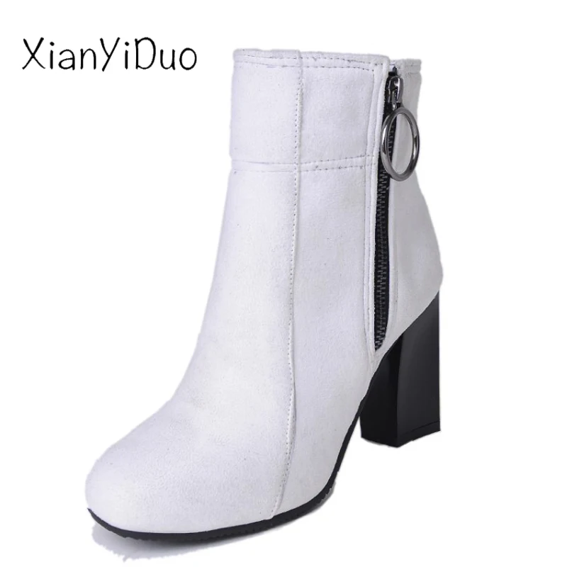 

Xianyiduo Spring/Autumn Flock Women's Shoes ankle Boots zipper Short Plush high Heels Riding Equestria large size 34-47/x-91