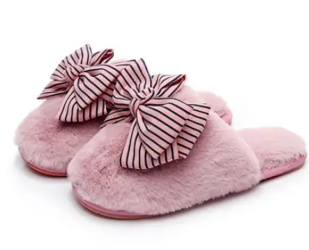 girl slippers for children teenage winter bow princess kids indoor slippers home shoes - Цвет: Розовый