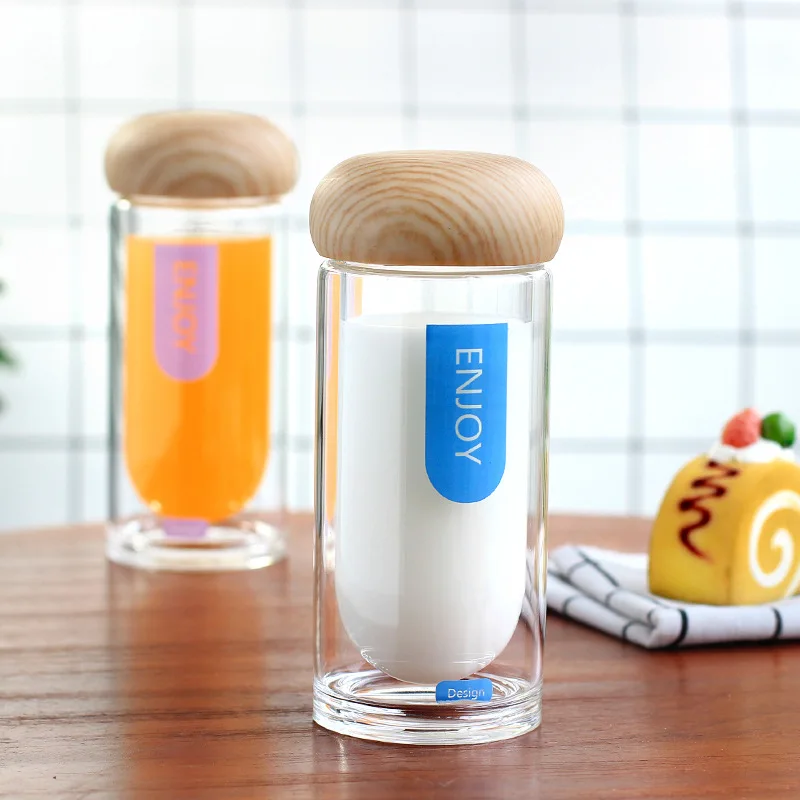 

New 280ml double-layered water bottle wood grain cover thickening letter glass office
